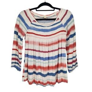 Anthropologie Meadow Rue Boho Red White Blue Stripe Smocked Blouse Women's S